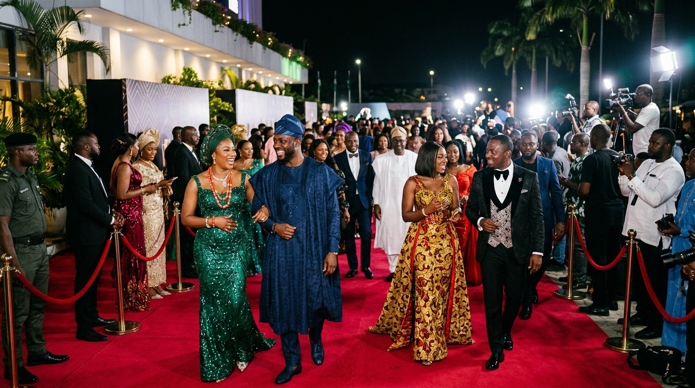 Guests in black tie at a Nigerian gala night beneath chandeliers