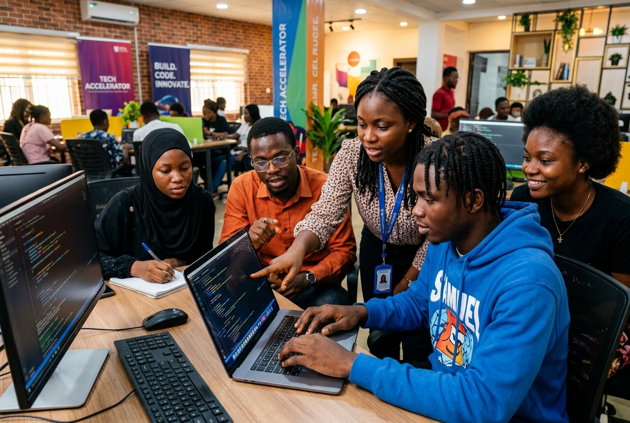 Young students learning at a laptop with a trainer beside them